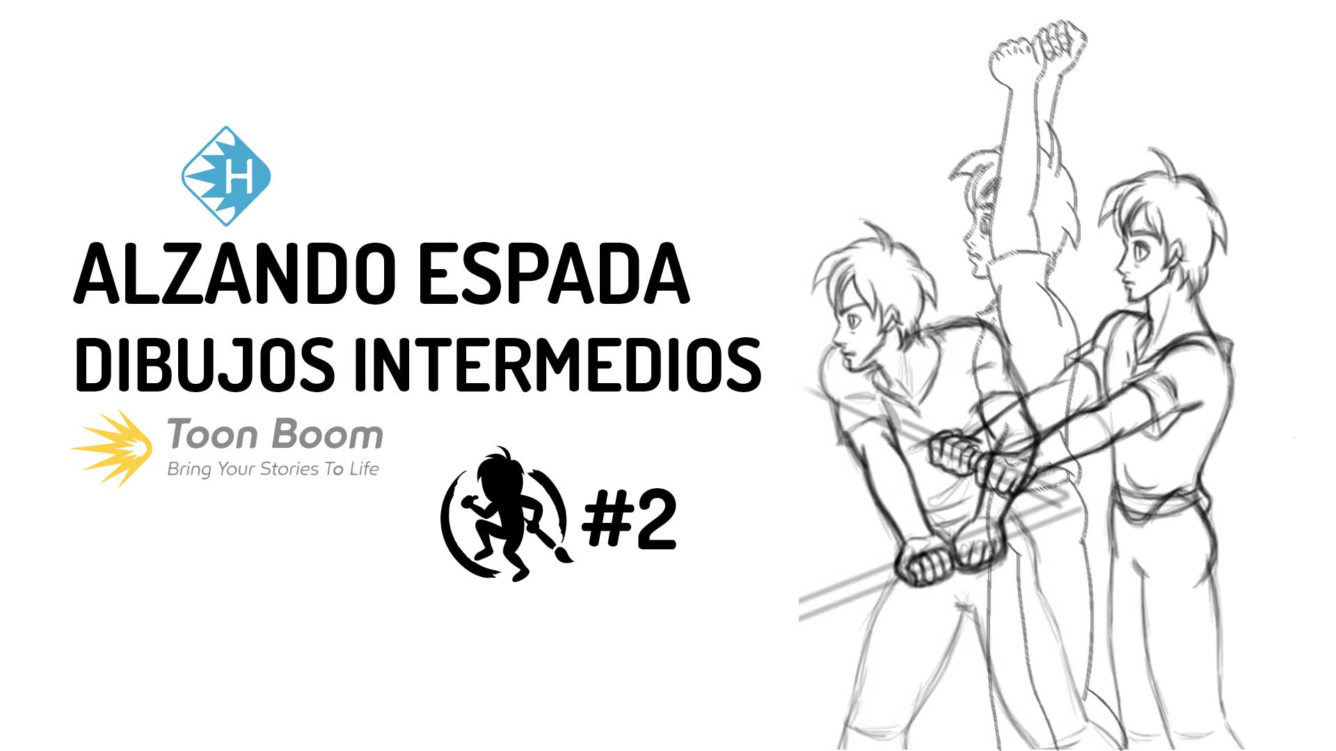 Dibujos intermedios de la animación alzando espada